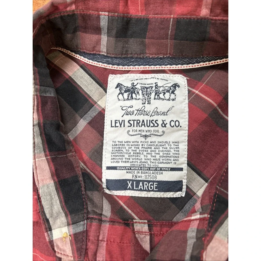 Levi's Plaid Button Down Shirt Men's Side XL Red Long Sleeve
